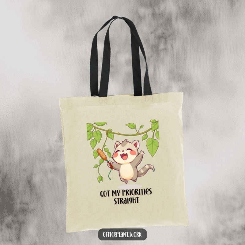 Funny tote bag featuring a joyous creature playfully swatting at a dangling vine from a plant, a perfect blend of fun and practicality.